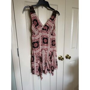 Farm Rio Womens Red Black Tile Print Beaded Strap Handkerchief Hem Mini Dress